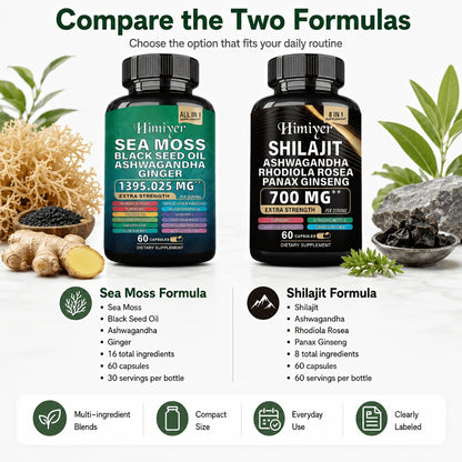 Sea Moss & Shilajit Supplement Bundle 10 Bottles – 12-in-1 Sea Moss + 8-in-1 Shilajit with Ashwagandha, Black Seed Oil, Ginseng & Bladderwrack | Morning & Evening Energy Formula for Men & Women