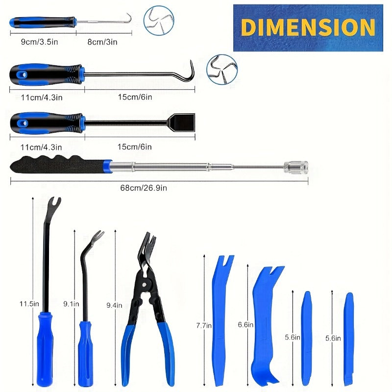 17pcs Professional Auto Trim Removal Tool Kit - with Picks, Pry Tools, Metal Scraper & Magnetic Telescopic Pickup for Car Dash, Panel, Bicycle Maintenance