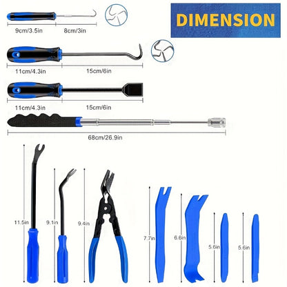 17pcs Professional Auto Trim Removal Tool Kit - with Picks, Pry Tools, Metal Scraper & Magnetic Telescopic Pickup for Car Dash, Panel, Bicycle Maintenance