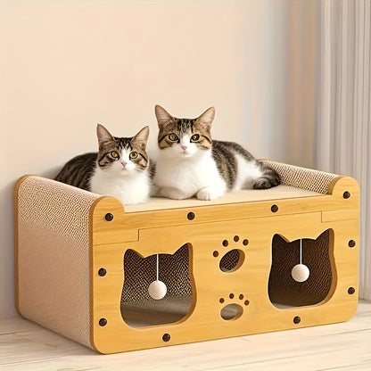 Cat Scratcher House Cardboard Cat Bed with Feather Wand Toy – Indoor Outdoor Cat Hideout for Scratching, Hiding & Resting, Ventilated Cat House with Plush Ball Toys, Multiple Sizes