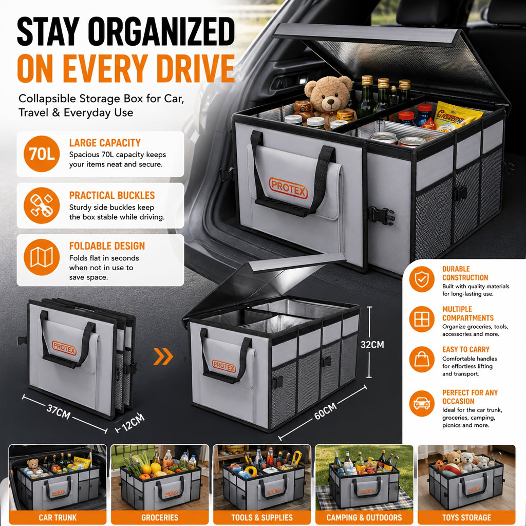 PROTEX Multifunctional Car Trunk Ice Pack (70 Liters) - Foldable with Lid, Cold And Heat Insulation, Large Capacity Organizer - Black Gray