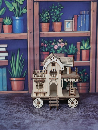 3D Wooden Puzzle Mobile Home on Wheels – DIY Café Bar Model Kit, Handcrafted Miniature House Assembly, Unique Desk Decoration Gift for Adults Teens Birthday Christmas Housewarming