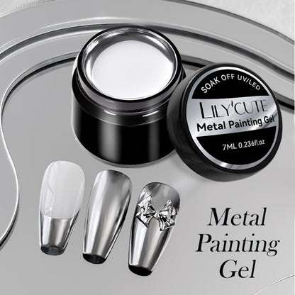 Mirror Metallic Nail Art Painting Gel with Built-In Brush 0.24oz — Metal Effect UV LED Soak Off Silver Chrome Line Drawing Flower Geometric DIY Home Salon Manicure Women Nail Artists