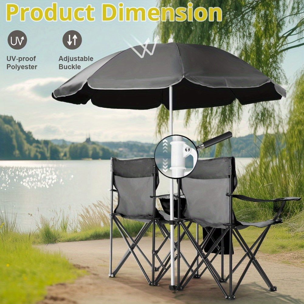 Folding Fishing Chair with Sun Umbrella – 2-Seat Portable Outdoor Chair, Iron Alloy Frame & Oxford Fabric, Built-In Storage Bag & Carry Bag, for Beach, Patio, Camping & Sunbathing, 4 Colors