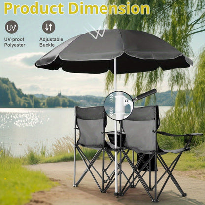 Folding Fishing Chair with Sun Umbrella – 2-Seat Portable Outdoor Chair, Iron Alloy Frame & Oxford Fabric, Built-In Storage Bag & Carry Bag, for Beach, Patio, Camping & Sunbathing, 4 Colors