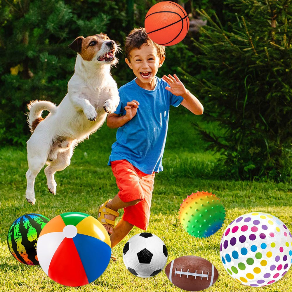 Kids Playground Ball Set 7-Pack with Air Pump – 10.6 Inch Outdoor Ball Plus 6-Inch Basketball Football Rugby, Active Play Toy for Home Yard Pool Classroom Park, Birthday Party Gift for Children Ages 4+