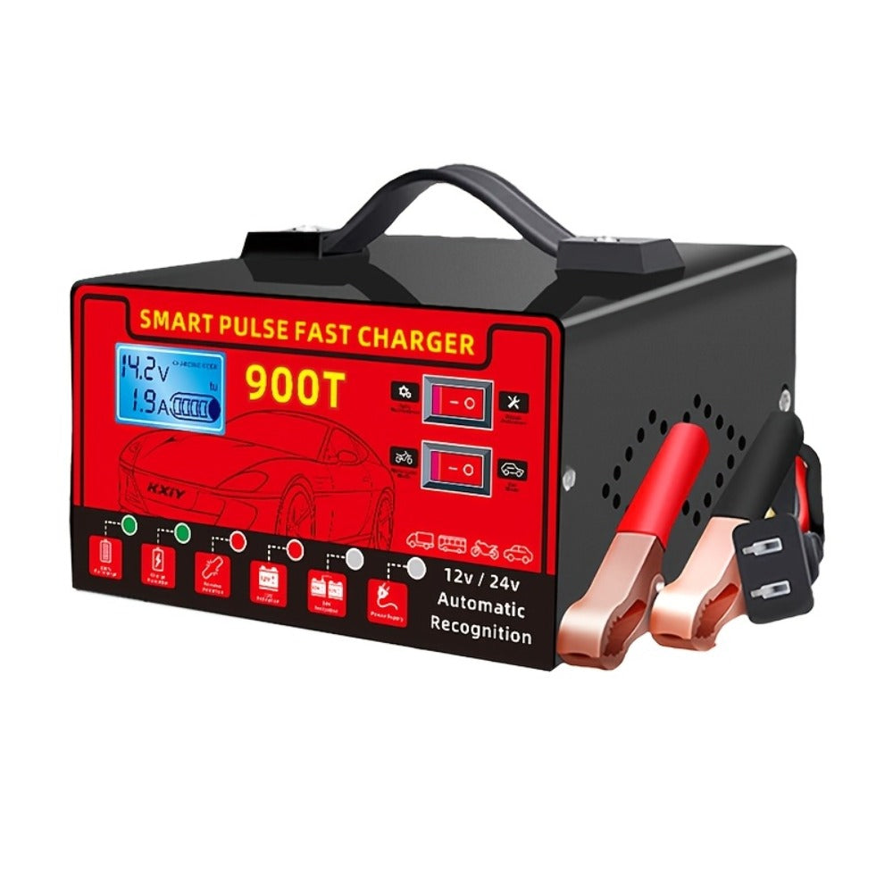 Smart Battery Charger 12V/24V with Pulse Repair & LCD Screen – Trickle Charger & Maintainer for Car, Truck, Motorcycle, Boat, Lawn Mower, Temperature Regulated