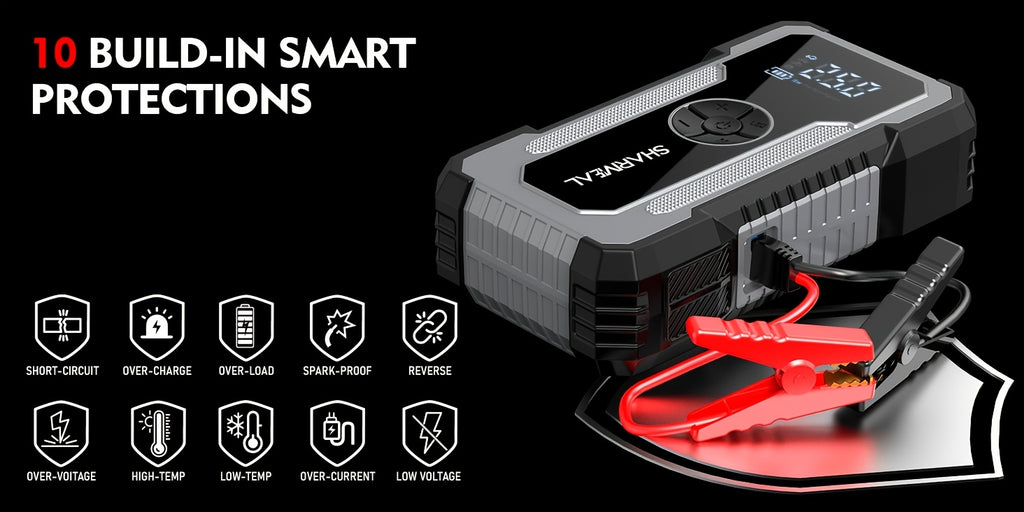 SHARMEAL 16000/20000A 17-in-1 Portable Jump Starter With Air Compressor, Jump Starter For Car, Multi-Function Power Pack With Tire Inflator, LED Light & Power Bank, For 12V Vehicles (All Gas & Diesel Engines), Cars, Trucks, SUVs, RVs & Motorcycles