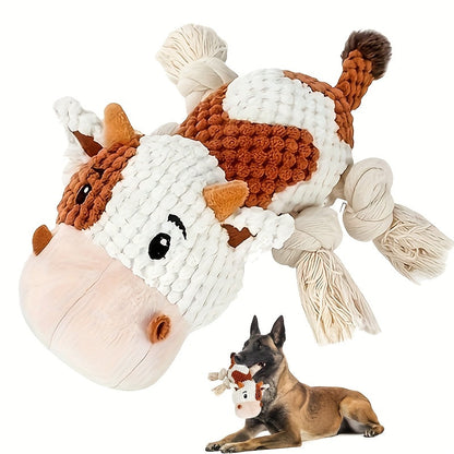 Squeaky Plush Cow Dog Toy with Crinkle Paper - Interactive Tug of War Chew Toy for Small Medium Large Dogs, Cute Cattle Design Washable Pet Toy for Fetch Play & Anxiety Relief