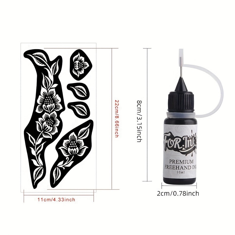 Tattoo Stencil Kit with Brown Paste Ink & Flash Spray – Pre-Cut Hollow Template DIY Freehand Henna Style Temporary Tattoo Body Art Designs 2-Pack No Machine No Electricity for Festivals Parties Gifts