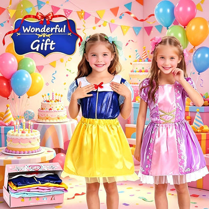 Girls Princess Dress Up Costume Set 14pcs – 5 Role Play Outfits with Crowns, Earrings & Storage Box, Toddler Princess Costumes for Girls Ages 3-6, Birthday Gift