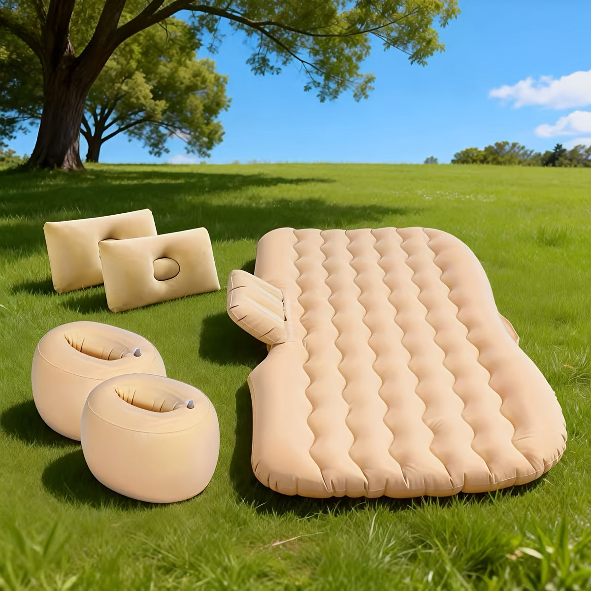 Premium Blue Gray And Beige Black Portable Inflatable Car Mattress, Car Beds for Vehicles, PVC Material, Suitable for Backseat Sleeping, Outdoor Camping Picnic Travel Cushion Bed, Car Additions for Men