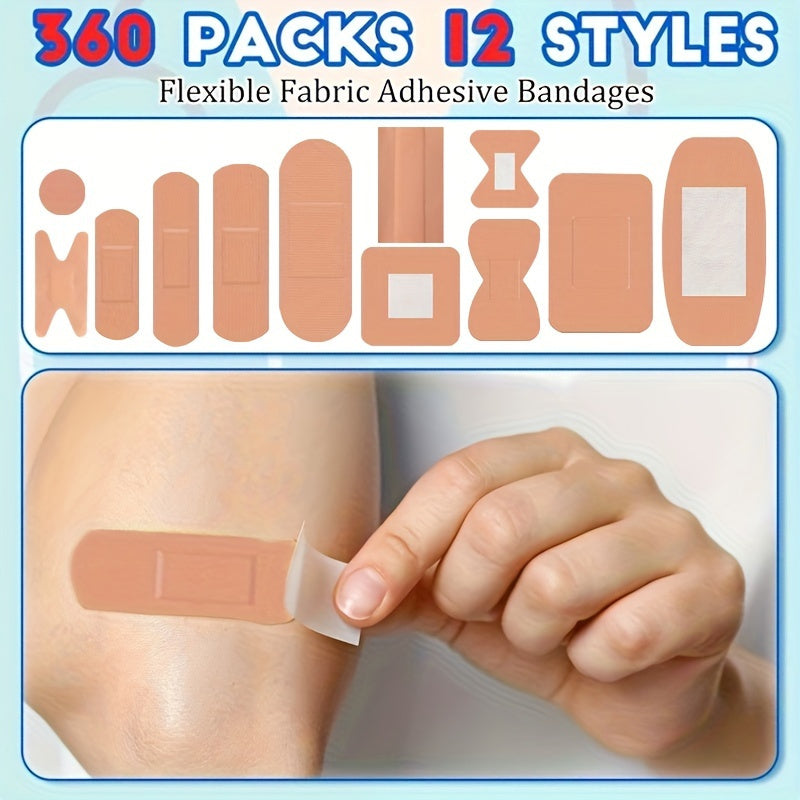 Adhesive Bandages 360pcs - Flexible Fabric Fingertip & Knuckle Bandages Set, Breathable Cloth Elastic First Aid Bandages in 12 Assorted Sizes, Spot Wound Care for Home, Office & Outdoor Emergency Kit