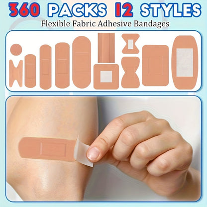 Adhesive Bandages 360pcs - Flexible Fabric Fingertip & Knuckle Bandages Set, Breathable Cloth Elastic First Aid Bandages in 12 Assorted Sizes, Spot Wound Care for Home, Office & Outdoor Emergency Kit