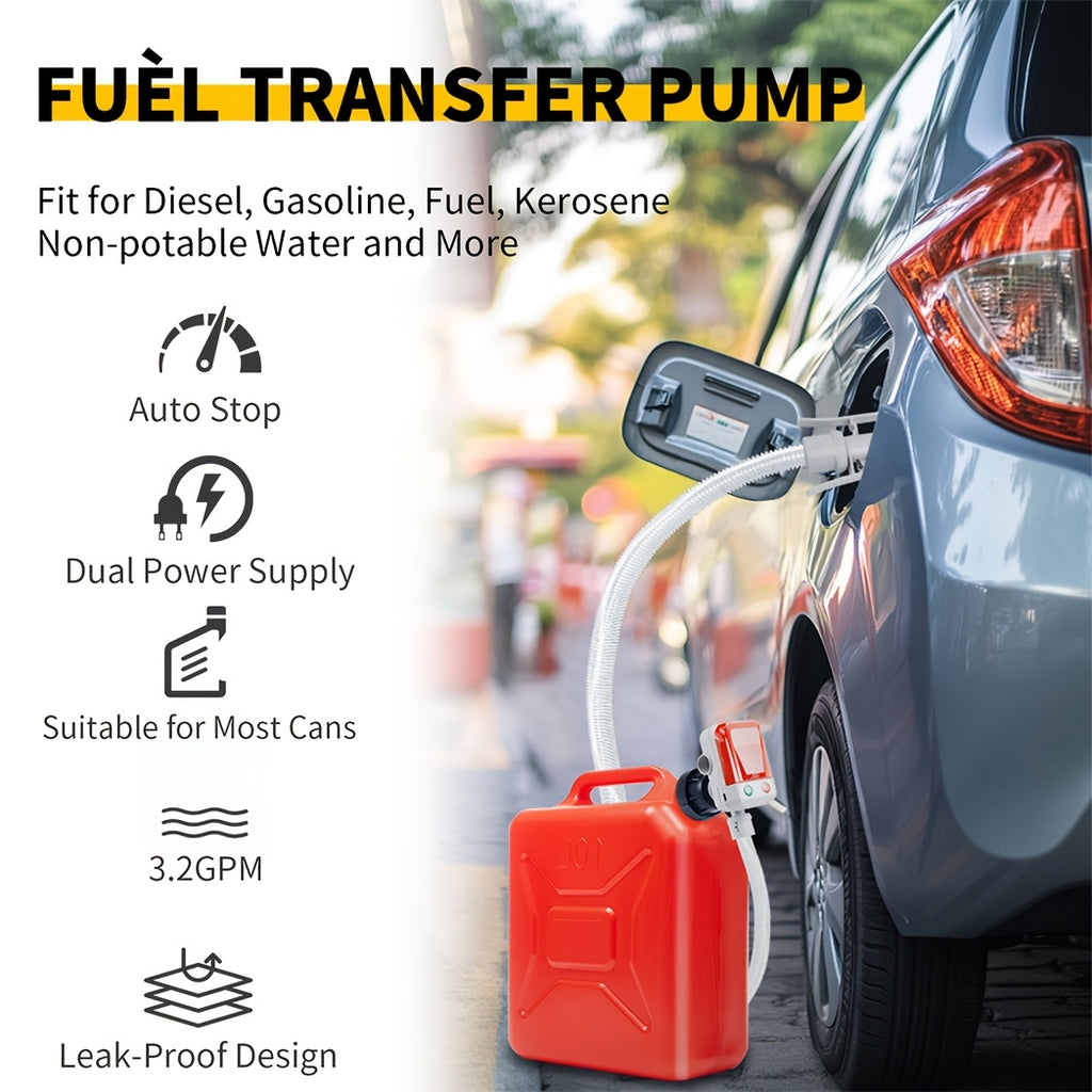 Automatic Fuel Transfer Pump with Auto-Stop, 58Inch Extra Long Hose, 3.2 Gallon Per Min, Battery Or USB Powered, 4 Can Adapters, Fast And Safe Portable Gas Can Pump for Oil, Diesel, Gasoline. Powered Oil Pump Is Suitable, Without Battery