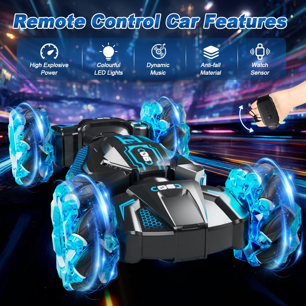 RC Stunt Car 1:24 Scale 8WD Dual Remote Control for Kids Boys Girls – 2.4GHz 28KM/H Crash-Resistant Race Car All-Terrain Tires LED Lights Two Player Birthday Christmas Holiday Gift Red Blue