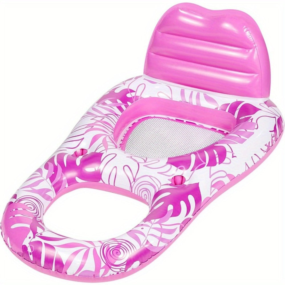 Recliner Pool Float Lounger for Adults – Inflatable Zero-Gravity Floating Chair with Cup Holders, Mesh Seat & Foot Rest, Pink Tropical Leaf Design, Summer Pool Party Water Toy