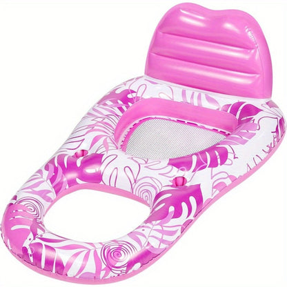 Recliner Pool Float Lounger for Adults – Inflatable Zero-Gravity Floating Chair with Cup Holders, Mesh Seat & Foot Rest, Pink Tropical Leaf Design, Summer Pool Party Water Toy