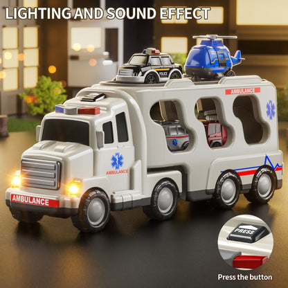 Ambulance Truck Toy 5-in-1 Carrier Set with Lights & Sounds – Friction Power Emergency Vehicle Playset for Kids Boys Ages 3+, Birthday Gift