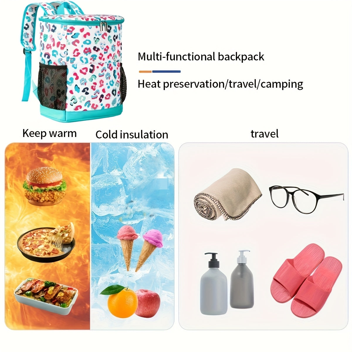 Insulated Cooler Backpack 30-Can Capacity, Leopard Print Portable Lunch Bag with Mesh Side Pockets & Adjustable Straps, Leakproof Thermal Cooler for Beach, Camping, Picnics, Hiking & Outdoor Travel