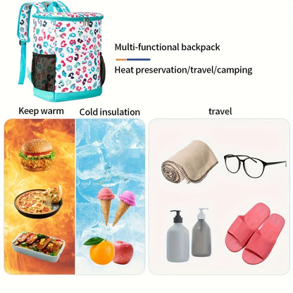 Insulated Cooler Backpack 30-Can Capacity, Leopard Print Portable Lunch Bag with Mesh Side Pockets & Adjustable Straps, Leakproof Thermal Cooler for Beach, Camping, Picnics, Hiking & Outdoor Travel