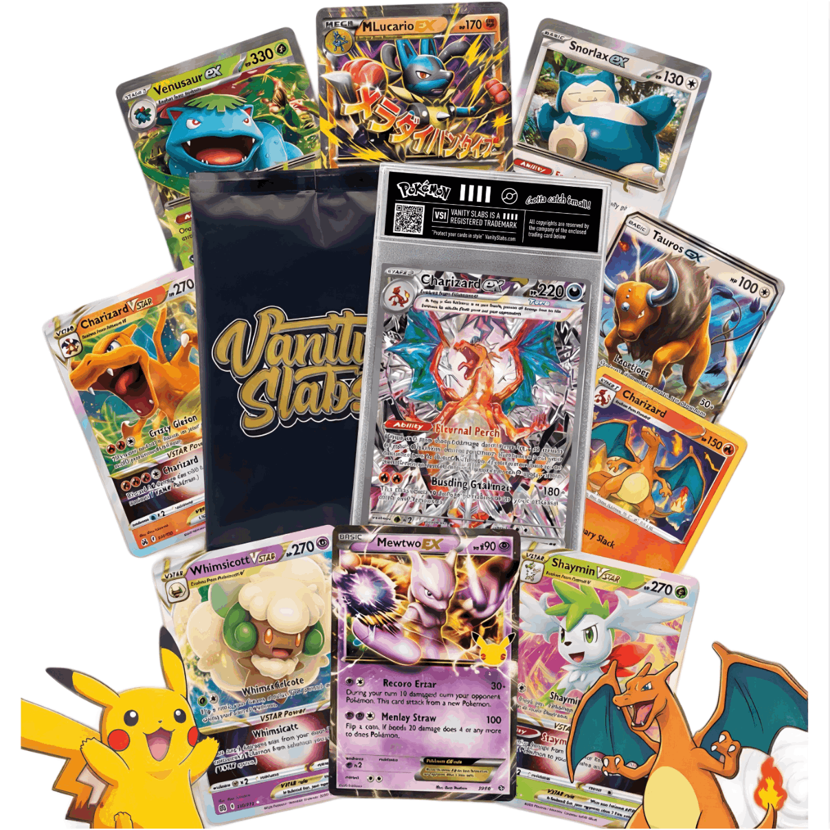 Pokemon Vanity Slab Mystery Bundle – Ultra Rare Hit Card in Display Case + 2 EX Cards + 10 Holo Cards | EX VMAX VSTAR Full Art Alternate Art | Premium Collector Gift for Kids & Fans