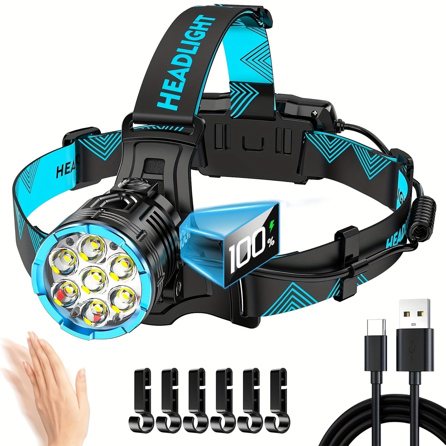 Motion Sensor Headlamp 3000LM – 7 Modes, Red Light, 90° Adjustable, Hard Hat Compatible, USB-C Fast Charge, 14Hr Runtime, Camping Running Hiking Fishing