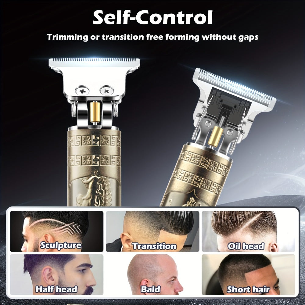 T-Blade Hair Trimmer for Men - Retro Electric Clipper, USB Rechargeable 1000mAh, 240-Min Runtime, 4 Guide Combs, Dragon & Buddha Designs, Black Bronze Blue Purple