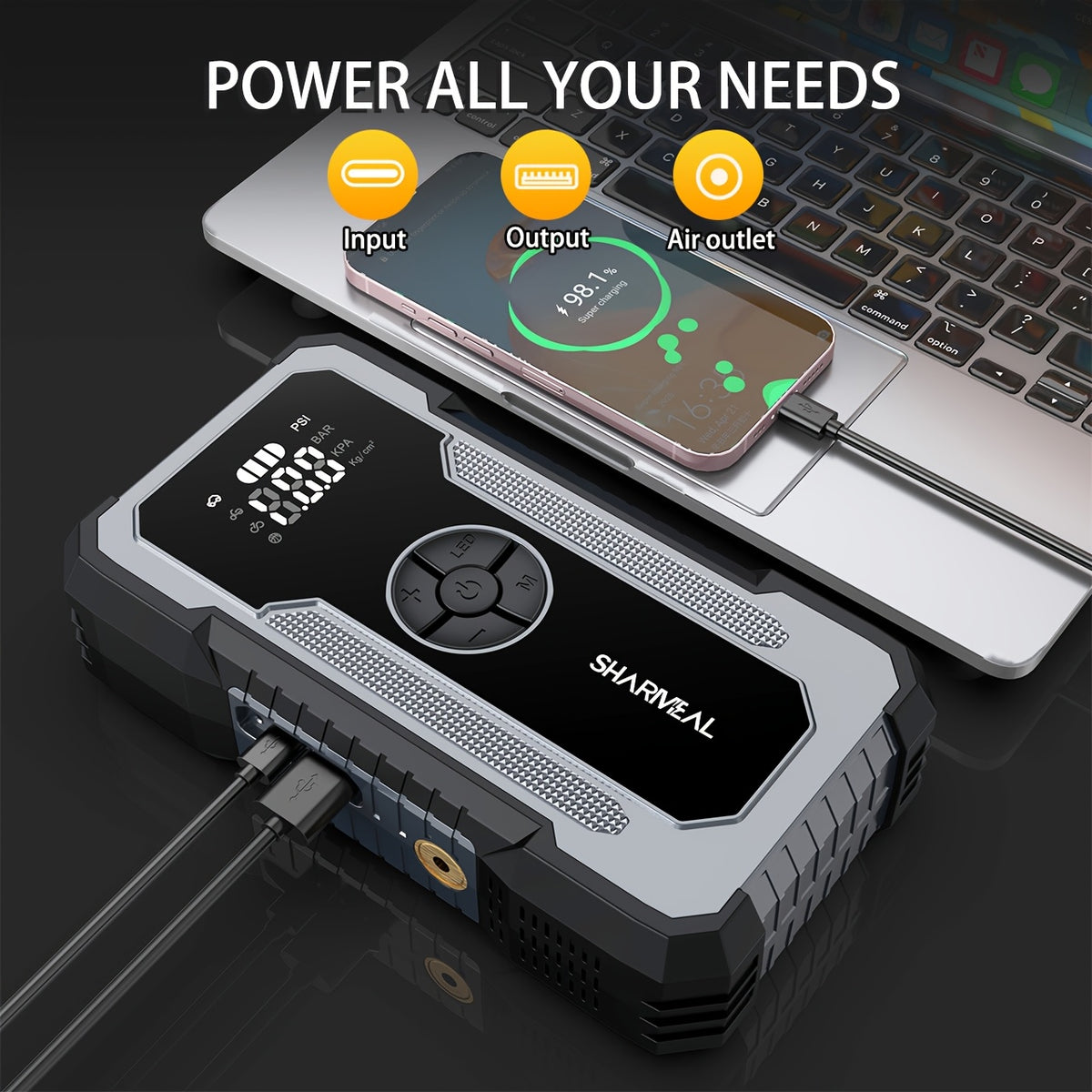 SHARMEAL 16000/20000A 17-in-1 Portable Jump Starter With Air Compressor, Jump Starter For Car, Multi-Function Power Pack With Tire Inflator, LED Light & Power Bank, For 12V Vehicles (All Gas & Diesel Engines), Cars, Trucks, SUVs, RVs & Motorcycles