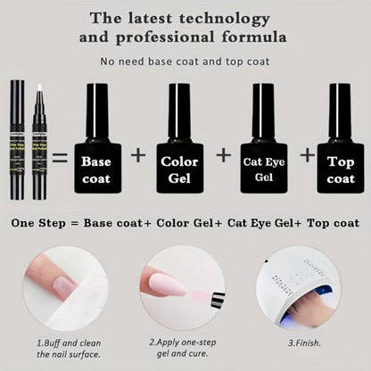 Magnetic Cat Eye Gel Nail Polish Pen 3-in-1 All-in-One Base Coat Color Top Coat - Ultra-Bright High-Saturation Polygel, Long-Lasting Chip-Resistant DIY Nail Art for Women, Salon & Home Use