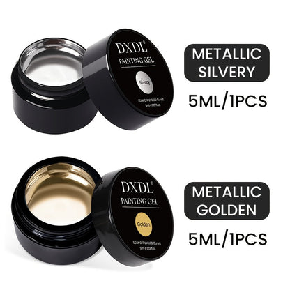 Chrome Mirror Nail Art Liner Gel Set 2pcs Gold & Silver – 3D Metallic Mirror Effect Soak-Off Painting Gel, French Tip & Nail Art Drawing Gel 5ml, Salon & Home Manicure Women