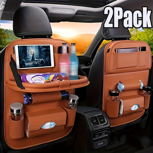2pcs Upgrade Your Car Rides with This All-in-One Back Seat Organizer - Includes Foldable Table Tray, Kick Mats, Tissue Box, Cup Holder, Umbrella Holder, Laptop Table & Car Eating Tray