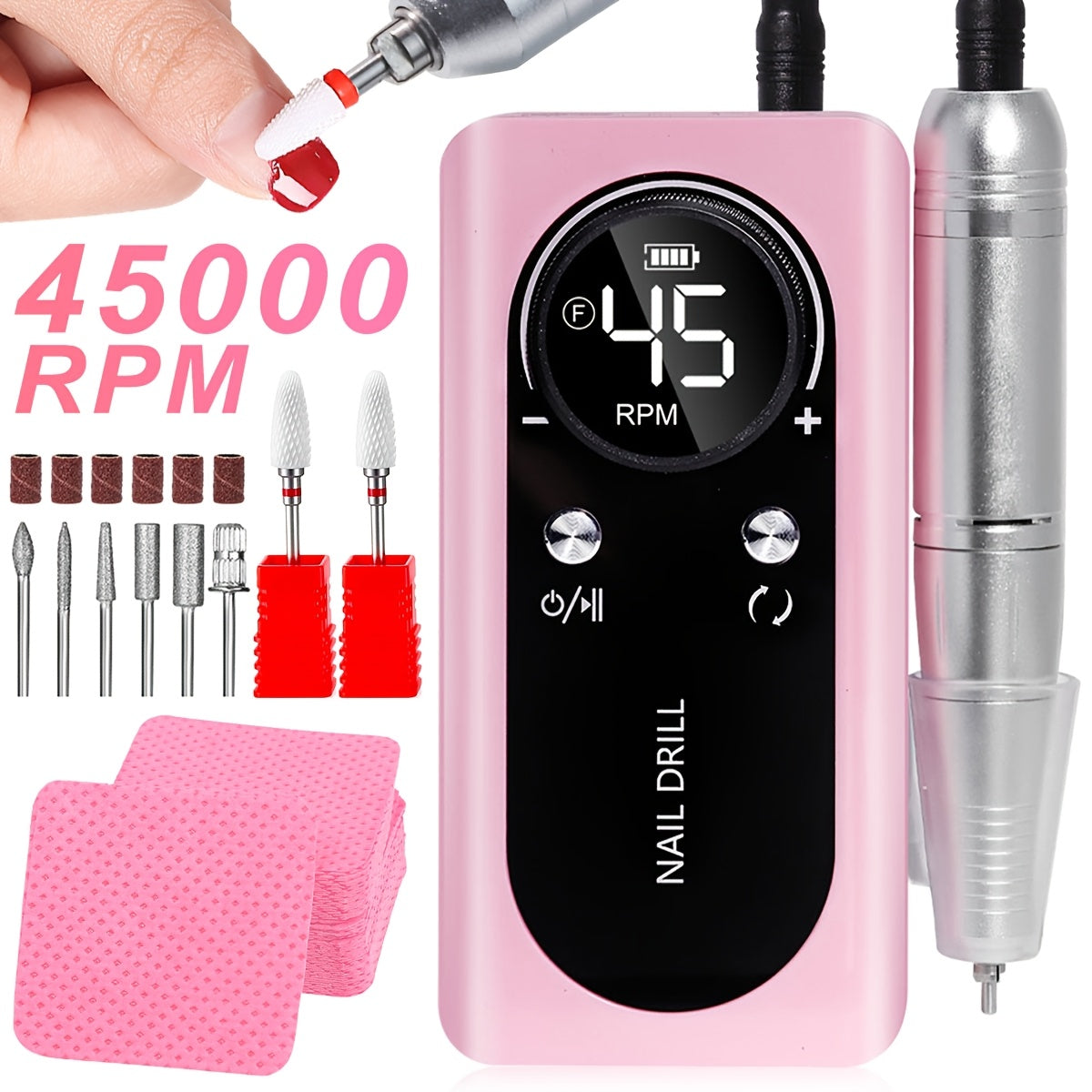 Low Noise Nail Drill Cordless 45000RPM Adjustable Speed with Power Display Portable Nail File Grinder for Gel Acrylic Nails Manicure Pedicure Home Salon Use Pink White Purple