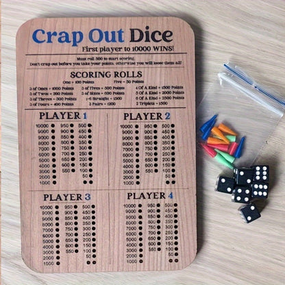 Crap Out Dice Score Board Game 2pcs – 10 Inch Wooden Dice Scoreboard with 6 Dice & 12 Scoring Pegs, Fun Family Dice Game for 1-4 Players, Party Game Night & Gatherings