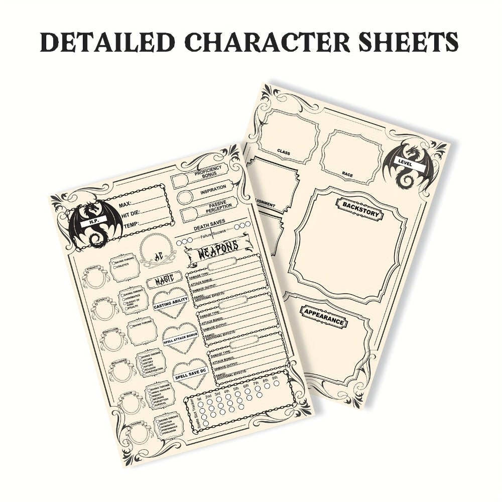 DnD 5e Character Sheet Set with Spell Tracker – A5 Player Journal for Dungeons & Dragons Campaigns, 10 Sets x 6 Unique Pages (60 Pages Total), Complete RPG Role Playing Game Accessory & Gift for Players & DMs