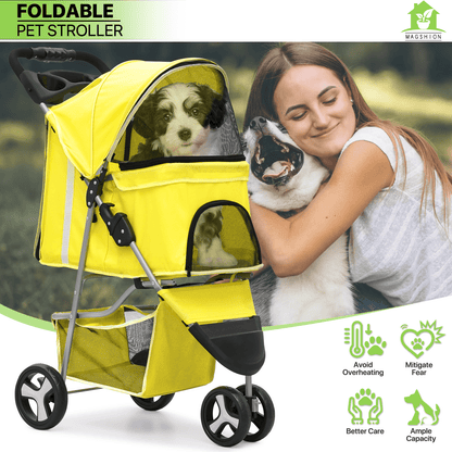 Pet Jogger Stroller 3-Wheel for Small & Medium Dogs & Cats up to 33 lbs - Foldable Oxford Waterproof Dog Cat Pram with 360° Swivel Wheels, Shock Absorber, Rear Brakes, Cup Holder & Storage Basket, 11 Colors