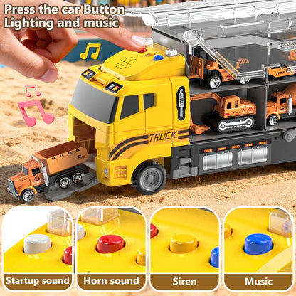 13-in-1 Construction Truck Vehicle Toy Set with Die-Cast Metal Cars & Play Mat – Transport Carrier Playset for Toddlers & Kids Ages 3+ STEM Learning Gift Boys Girls