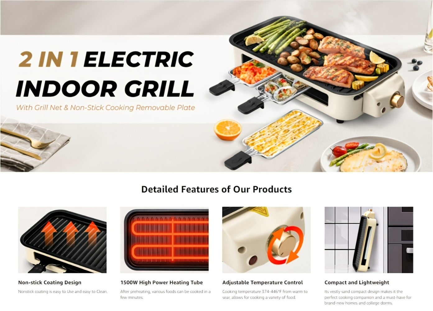 Electric Grill 2-in-1 Indoor BBQ & Frying Pan – 1500W Temperature Control, Non-Stick Detachable Cooking Board, Portable Electric Grill for Meat, Dishwasher Safe, Christmas Gift Idea with Gift Bag