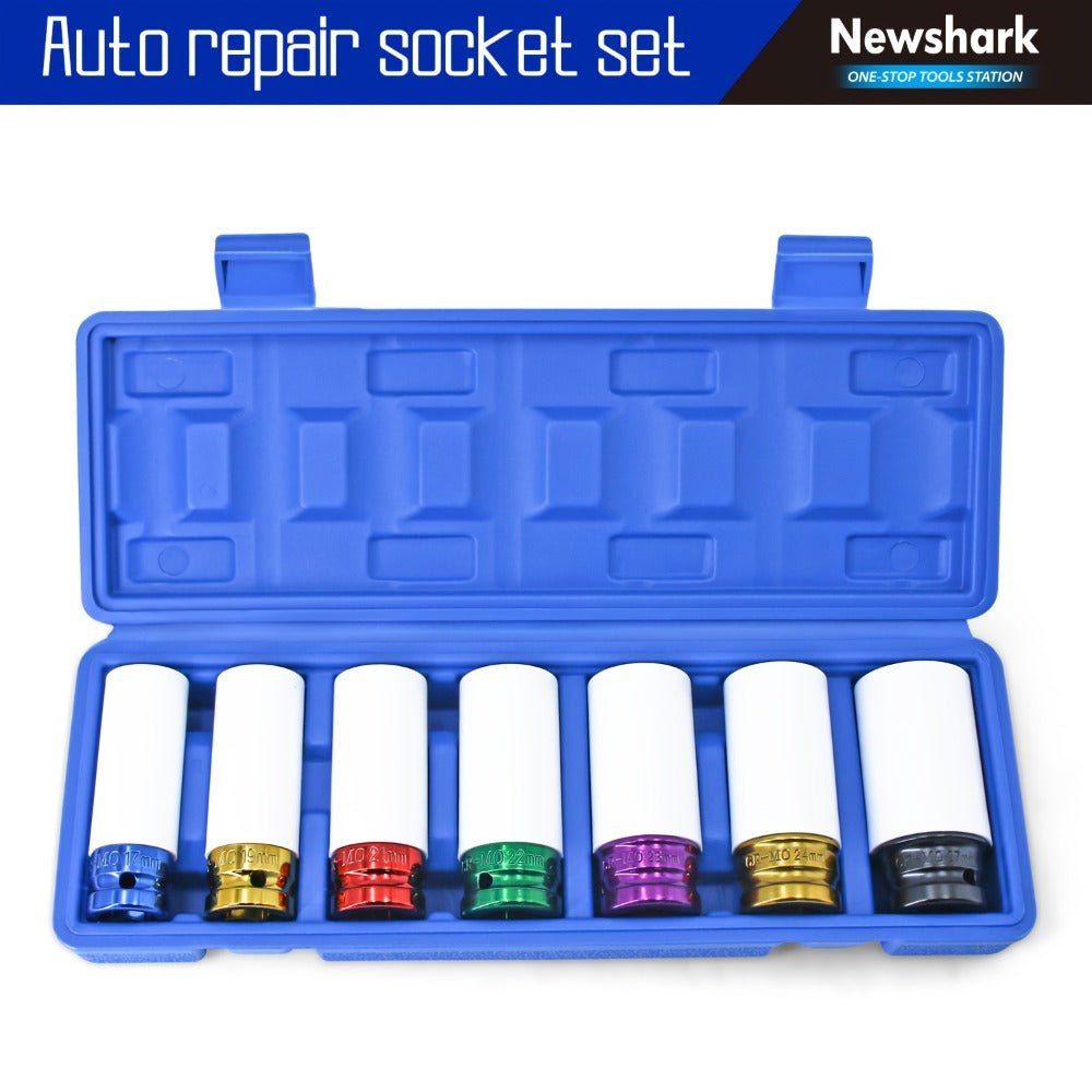 Lug Nut Socket Set 7-Piece 1/2" Drive – Metric 17/19/21/22/23/24/27mm Thin Wall Impact Wheel Sockets with White Protective Covers for Car, Truck & SUV Tire Changes