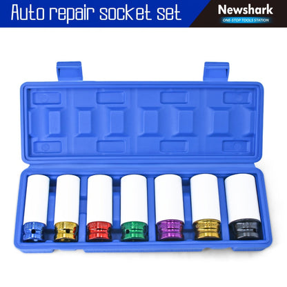 Lug Nut Socket Set 7-Piece 1/2" Drive – Metric 17/19/21/22/23/24/27mm Thin Wall Impact Wheel Sockets with White Protective Covers for Car, Truck & SUV Tire Changes