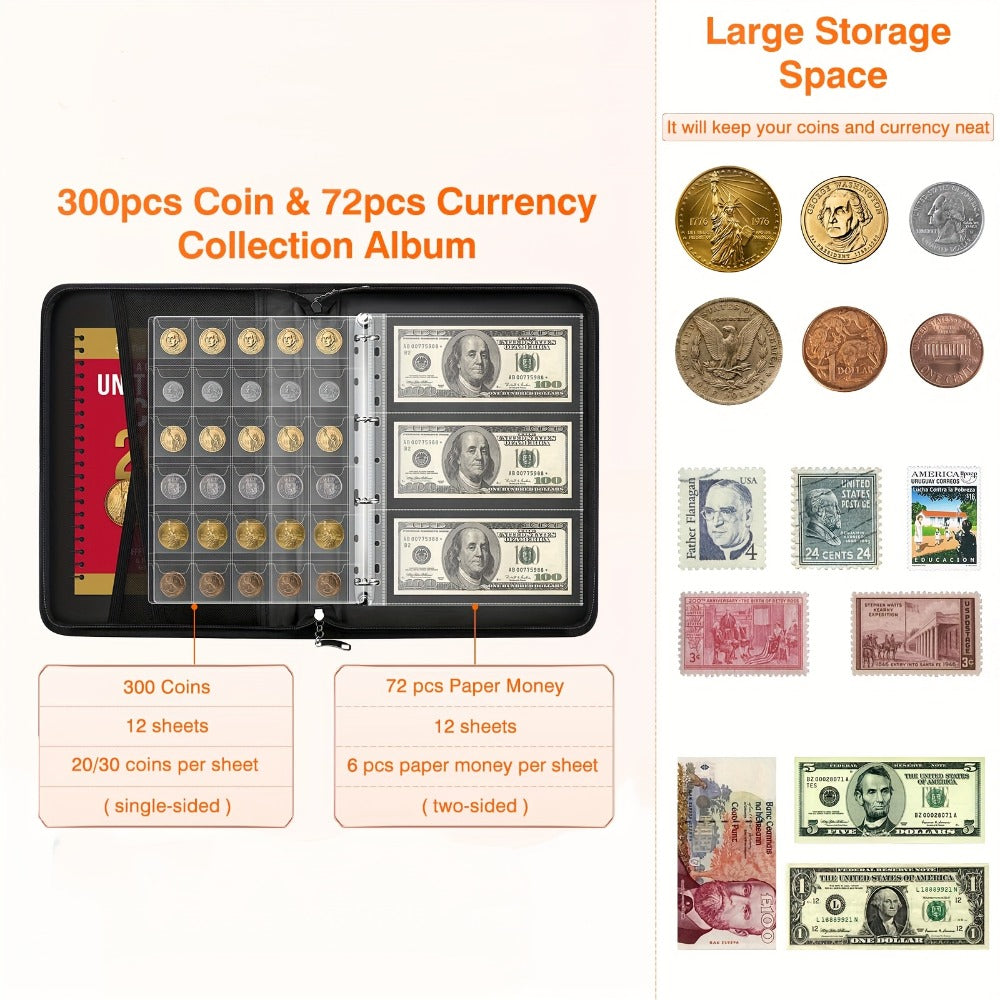300-Pocket Coin Collection Book with Lock - Fireproof Holder, 72 Currency Sleeves, Coin Organizer Album for Pennies, Bills & Stamps | Complete Collector Supplies Set - Black