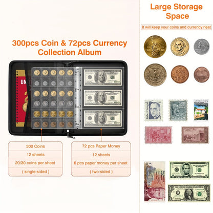 300-Pocket Coin Collection Book with Lock - Fireproof Holder, 72 Currency Sleeves, Coin Organizer Album for Pennies, Bills & Stamps | Complete Collector Supplies Set - Black