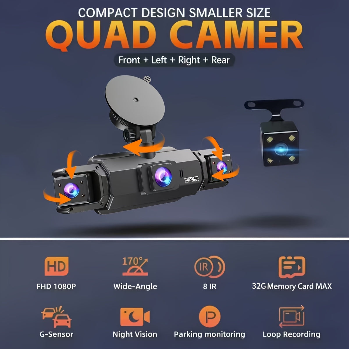 FOXGOD Car Dashboard Camera 360° Panoramic 3/4 Lens Channel 1080P HD Ultimate Safety Dash Cam Set, 1080P Full Coverage Front, Rear, Left, And Right, Quad-Split Screen Display, HD Night Vision, WDR, G-Sensor, Loop Recording - Car Accessories/Car Dash