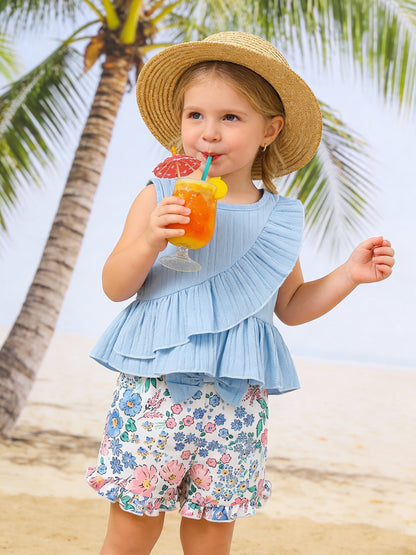 Girls' Floral Outfit Set - Sleeveless Summer