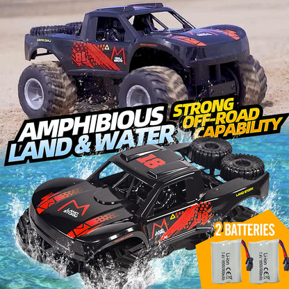 Amphibious RC Car 1:16 Scale 4WD Waterproof Land & Water Remote Control Monster Truck – 2 Rechargeable Batteries, All-Terrain RC Truck for Boys Kids Ages 4+, Birthday Christmas Gift