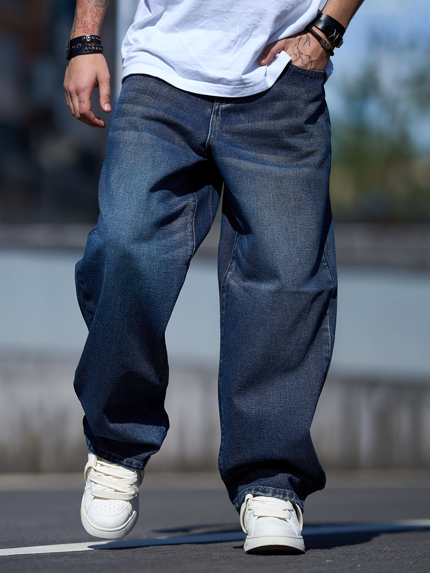 Men's Baggy Jeans - Classic Wash Clean Finish Streetwear