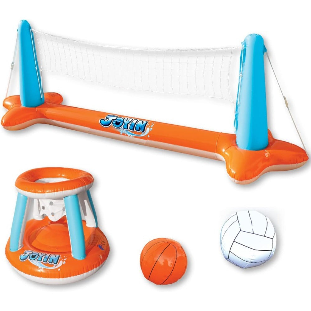 Inflatable Pool Game Set for Kids & Adults – Volleyball Net Court & Basketball Hoops with Balls, Floating Swimming Party Toy for Summer Pool Backyard Outdoor Fun, Large