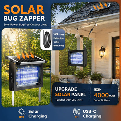 Solar Bug Zapper Outdoor 4200V – Solar Powered Mosquito Killer with Auto/Manual Dual Mode, 2100 Sq.Ft Coverage, 12H Runtime, 3-Way Charging, 10FT Cord, Safe for Family & Pets, for Patio, Garden & Camping