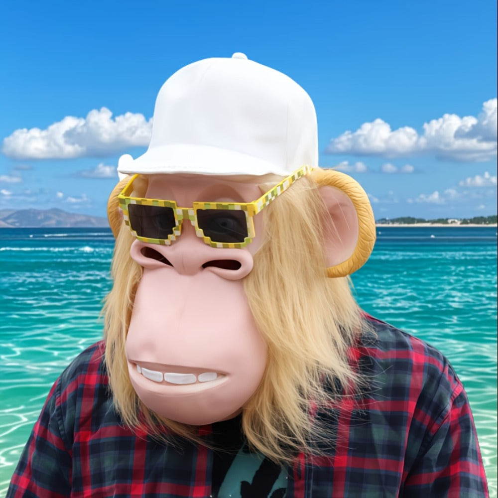 Gorilla Monkey Plush Full Head Mask with White Hair Glasses Hat – Funny Cartoon Animal Costume for Adults Halloween Parties Cosplay Role Play Prank Gift White Gorilla Chimpanzee
