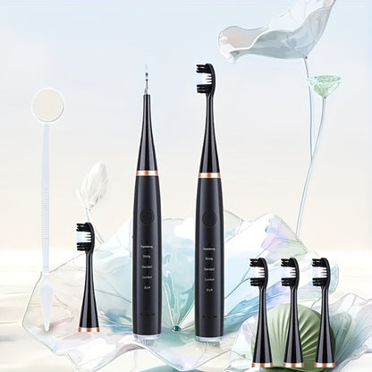 USB Electric Toothbrush Set - 5 Replaceable Brush Heads & 2 Cleaning Heads, USB Rechargeable Electric Toothbrush with Travel Case, Complete Oral Care Kit for Home & Travel, Black or White